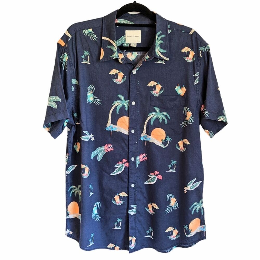American Eagle Navy blue tropical print short sleeve button down Size XL